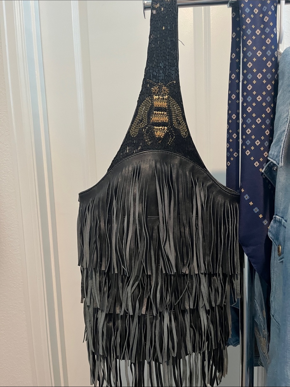 Black Fringe Leather Shoulder Bag with Gold Bee Beading
